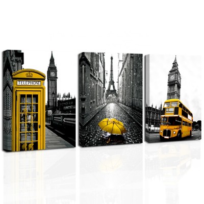 3 Panels Modern City Canvas Prints Black and White Eiffel Tower Big Ben with Yellow Telephone Cars and Umbrella Picture