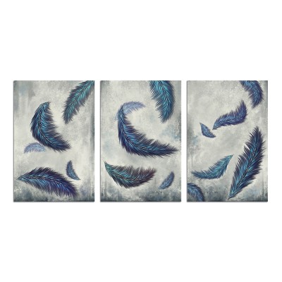 Feather Canvas Wall Art 3 Pieces Vintage Blue Feather Painting Modern Picture Canvas Art Prints Home Decor