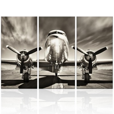 3 Piece Airplane Wall Art Vintage Black and white Propeller Aircraft Picture for Boy Room Home Office Modern Home Decor