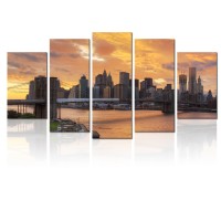 5 Pieces Large Canvas Wall Art New York Cityscape Broooklyn Bridge and Manhattan in Sunset Picture Painting City Scenery Poster