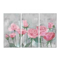 3 Pieces Flower Canvas Wall Decor Pink Rose Painting on Grey Background Abstract Floral Artwork Stretched For Living Room Decor