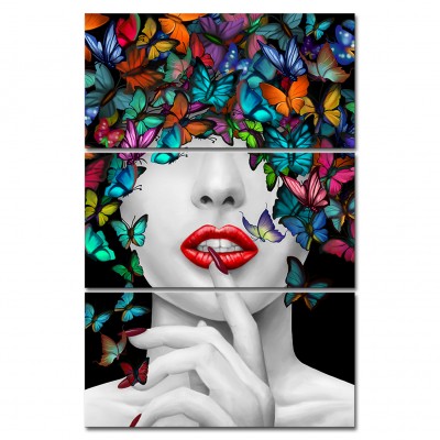 3 Pieces Wall Art Abstract Beautiful Sexy Woman Colorful Butterfly Printing on Canvas Red Lip Painting Picture Contemporary Girl