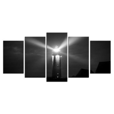 5 Piece Wall Art Black and White Canvas Print Lighthouse at Night Picture Painting Contemporary Artwork