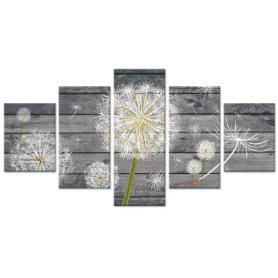 5 Panel Large Canvas Wall Art Dandelion White Flower on Vintage Grey Wood Board Background Rustic Style Grey Floral Wall Picture