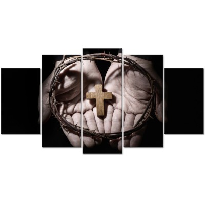 5 Pieces Canvas Wall Art Large Man Hands with Cross and Crown of Thorns Pictures Jesus Christ Poster