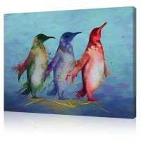 Colorful Penguin Canvas Wall Art Cute Antarctic Animal Painting Blue Background Nursery Room Bedroom Decor