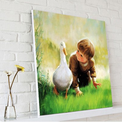 Framed Wall Decor Cute Boy and a White Dark Oil Painting Style Picture Prints on Canvas for Children's Bedroom