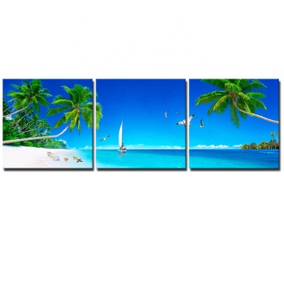 3 Panels Seascape Canvas Wall Art Beautiful Tropical Scenery Seaside PalmTree Picture Print on Canvas Framed Ready to Hang