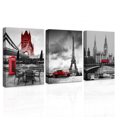 3 Panel Black and Red City Landscape Wall Art City Building Paris Effiel Tower London Bridge Big Ben Landscape Wall Art