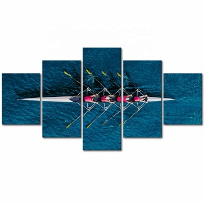 Teamwork Inspirational Wall Art 5 Panels Women Rowing on Teal Blue Ocean Sports Picture Modern Still Life Artwork